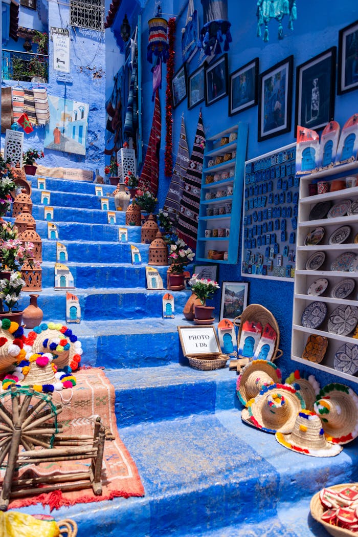 Souvenirs and Decorations Spread Out on the Blue Steps